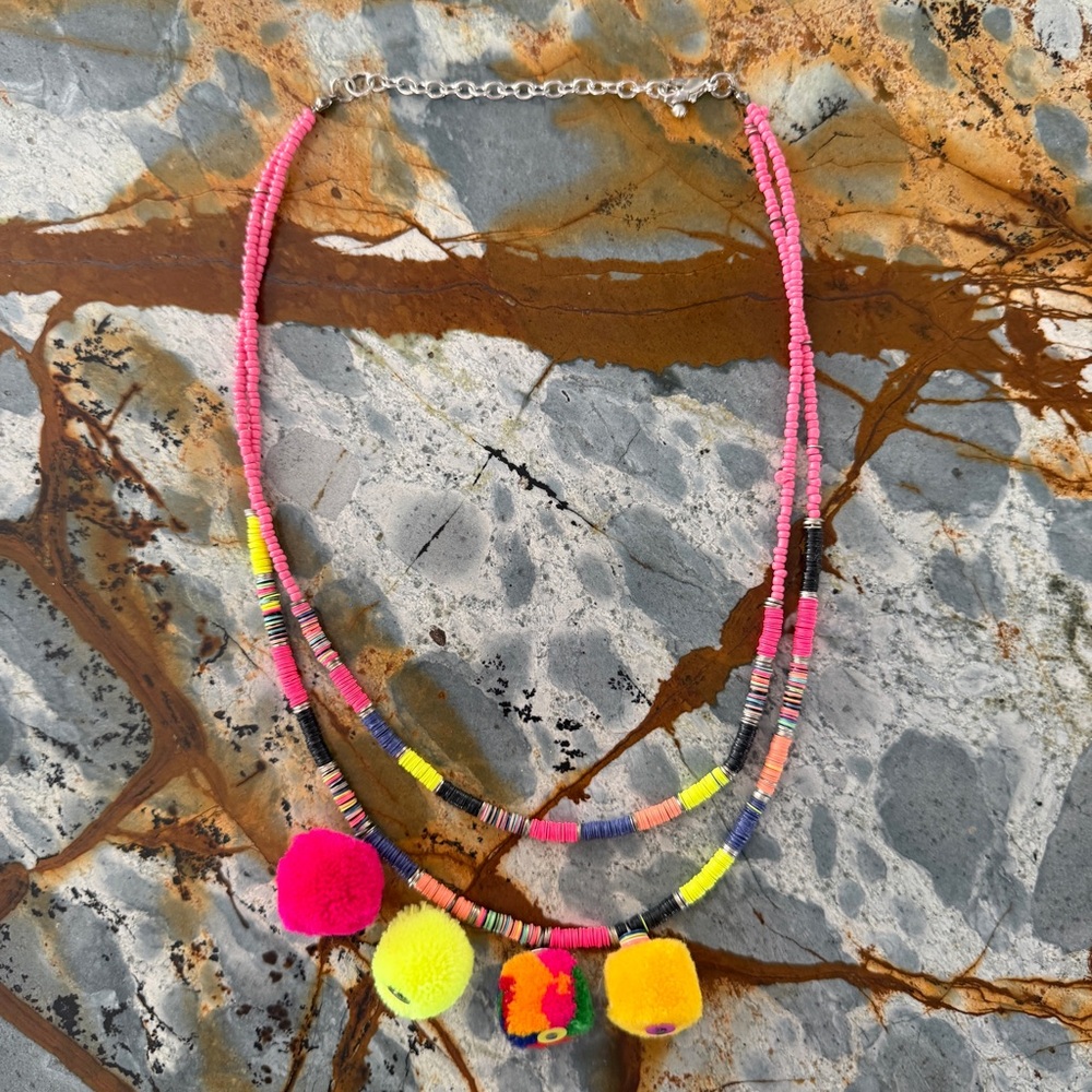 Vintage neon multicoloured hand beaded tribal necklace with pom poms
